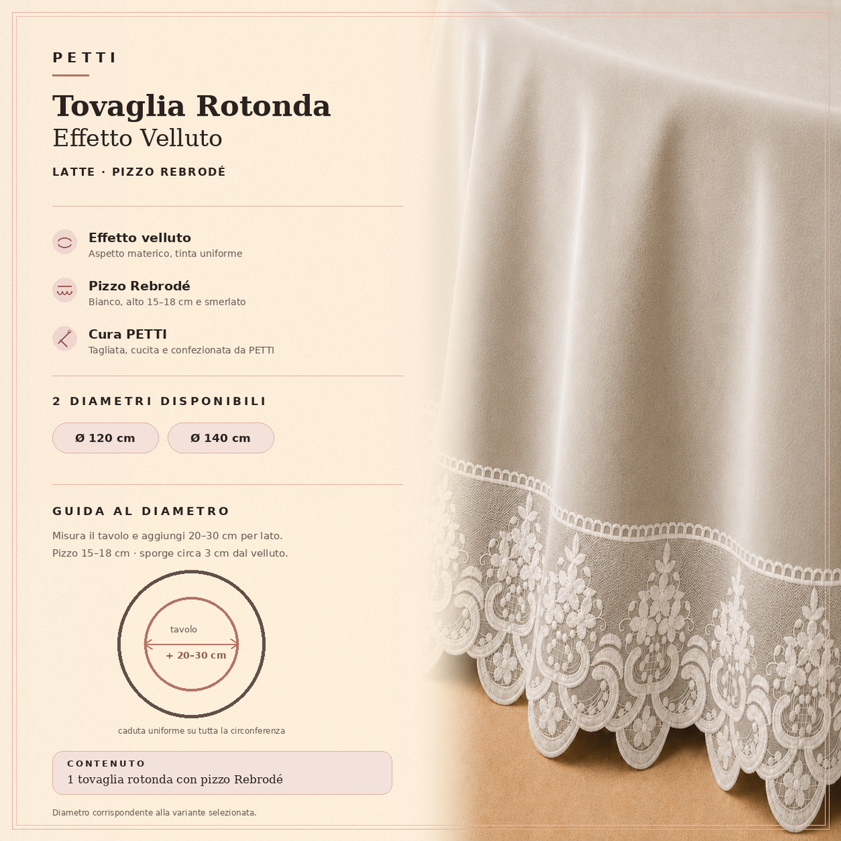 Scheda informativa della tovaglia rotonda Bianco Latte in effetto velluto con pizzo Rebrodé