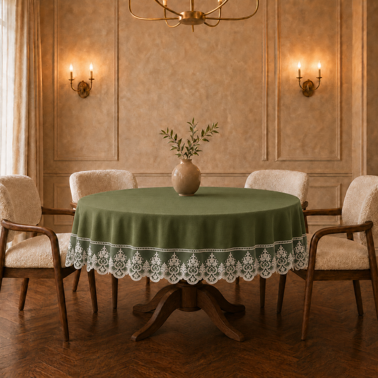 Tovaglia rotonda in tessuto effetto velluto verde oliva con pizzo Rebrodé bianco applicato lungo il bordo
