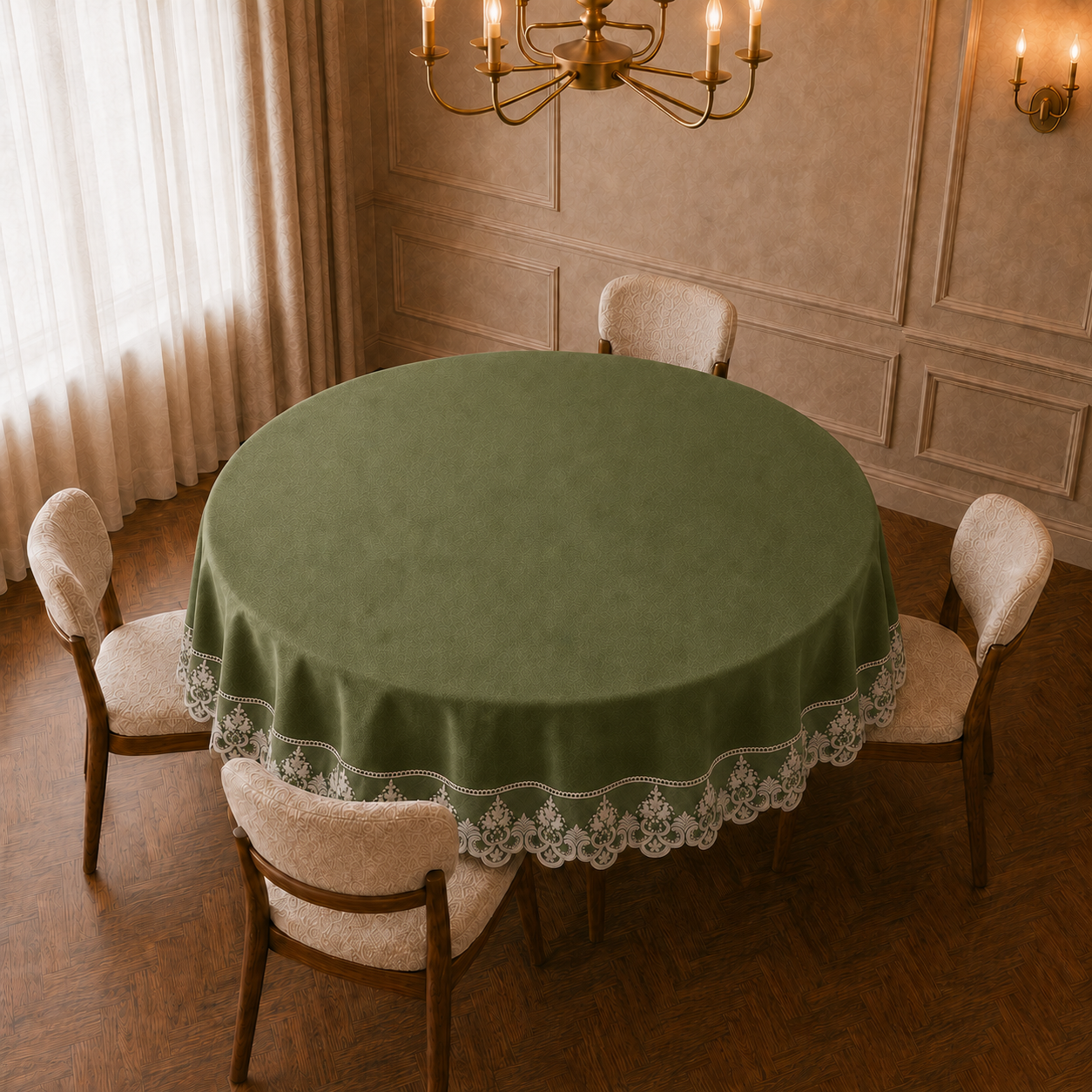 Tovaglia rotonda in tessuto effetto velluto verde oliva con pizzo Rebrodé bianco applicato lungo il bordo, vista angolata