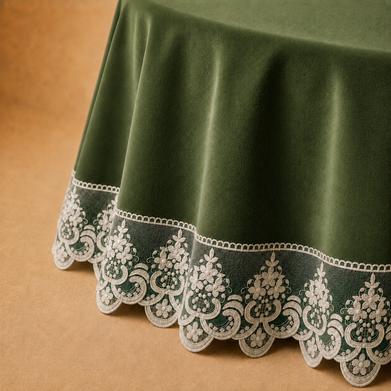Dettaglio del tessuto effetto velluto Verde Oliva con pizzo Rebrodé bianco che prosegue oltre il bordo