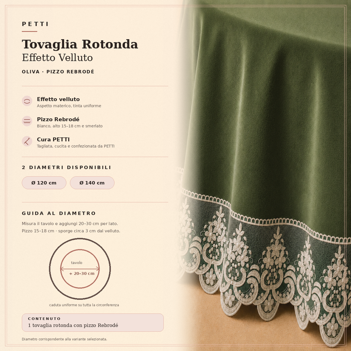 Scheda informativa della tovaglia rotonda Verde Oliva in effetto velluto con pizzo Rebrodé