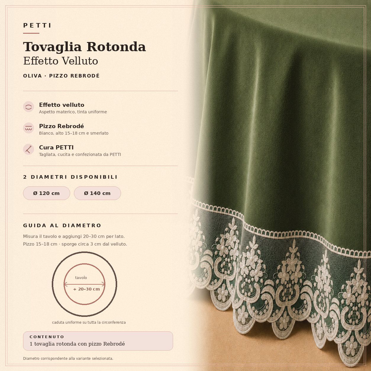 Scheda informativa della tovaglia rotonda Verde Oliva in effetto velluto con pizzo Rebrodé