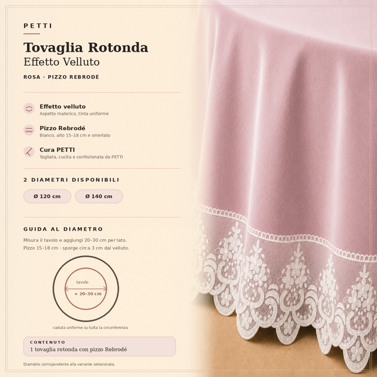 Scheda informativa della tovaglia rotonda Rosa in effetto velluto con pizzo Rebrodé