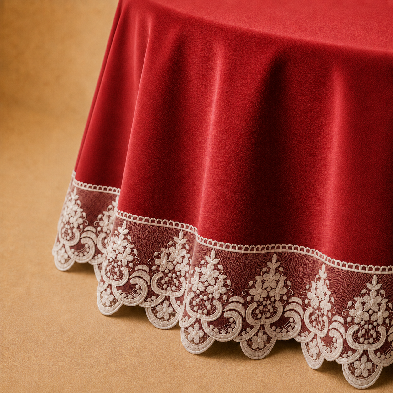 Dettaglio del tessuto effetto velluto Rosso con pizzo Rebrodé bianco che prosegue oltre il bordo