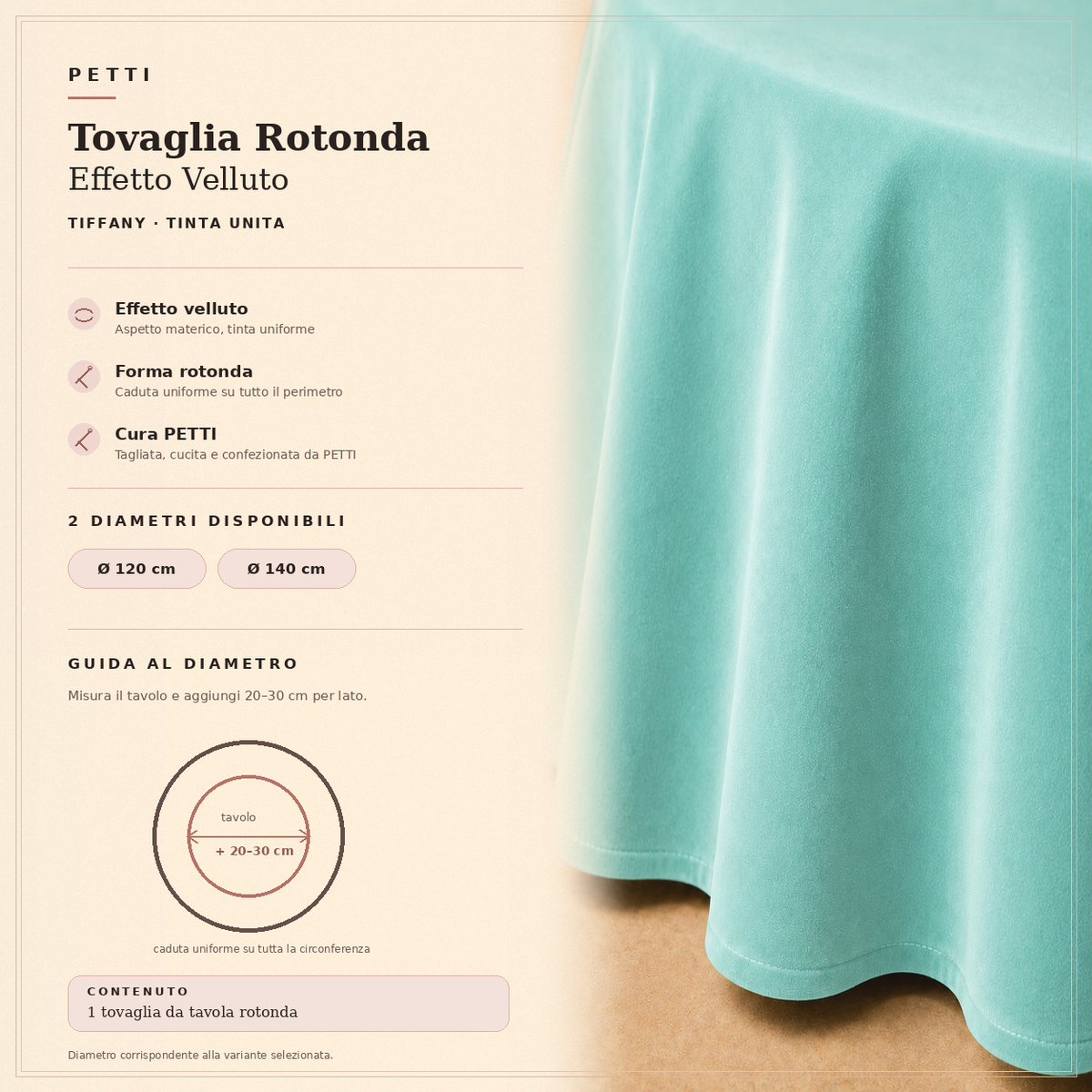 Scheda informativa della tovaglia rotonda Tiffany in effetto velluto tinta unita
