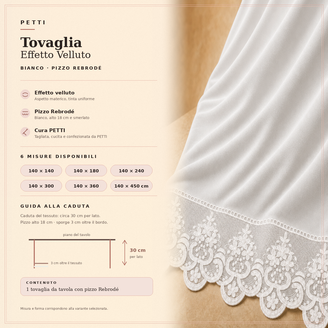 Scheda informativa tovaglia effetto velluto Bianco con pizzo Rebrode