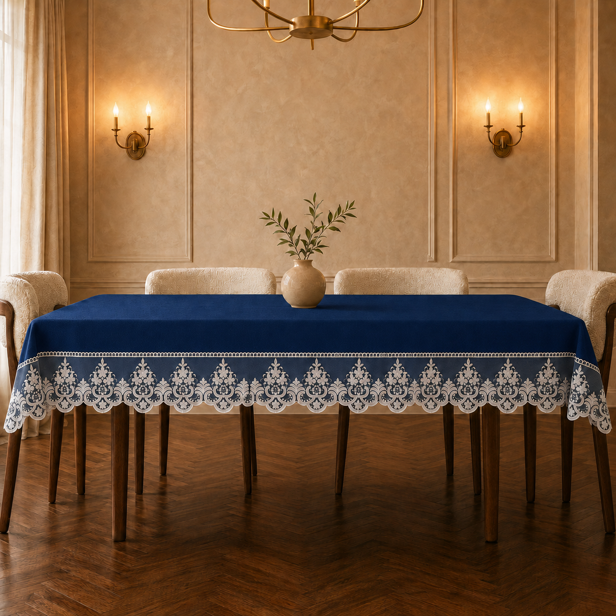 Tovaglia effetto velluto tinta unita Blu Scuro con pizzo Rebrode bianco applicato lungo il bordo