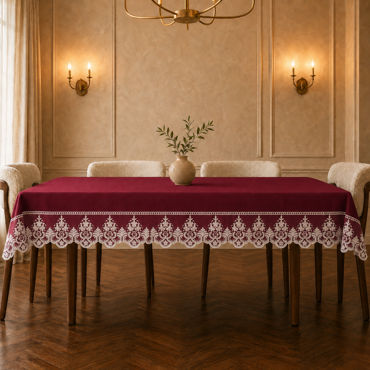 Tovaglia effetto velluto tinta unita Bordeaux con pizzo Rebrode bianco applicato lungo il bordo