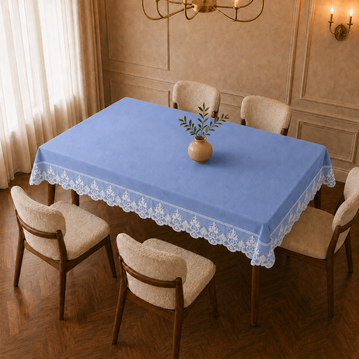 Tovaglia effetto velluto tinta unita Carta da Zucchero con pizzo Rebrode bianco applicato lungo il bordo vista ambientata dall'alto