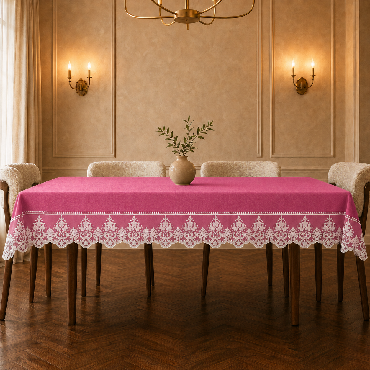 Tovaglia effetto velluto tinta unita Fucsia con pizzo Rebrode bianco applicato lungo il bordo