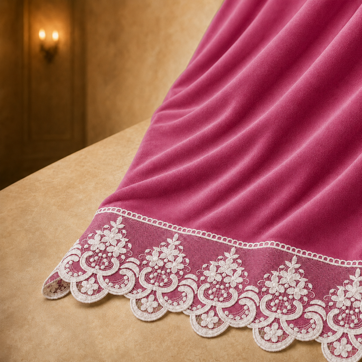 Dettaglio tessuto effetto velluto Fucsia e pizzo Rebrode bianco