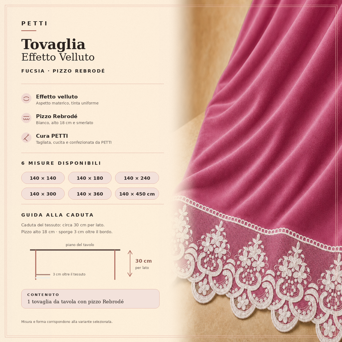 Scheda informativa tovaglia effetto velluto Fucsia con pizzo Rebrode