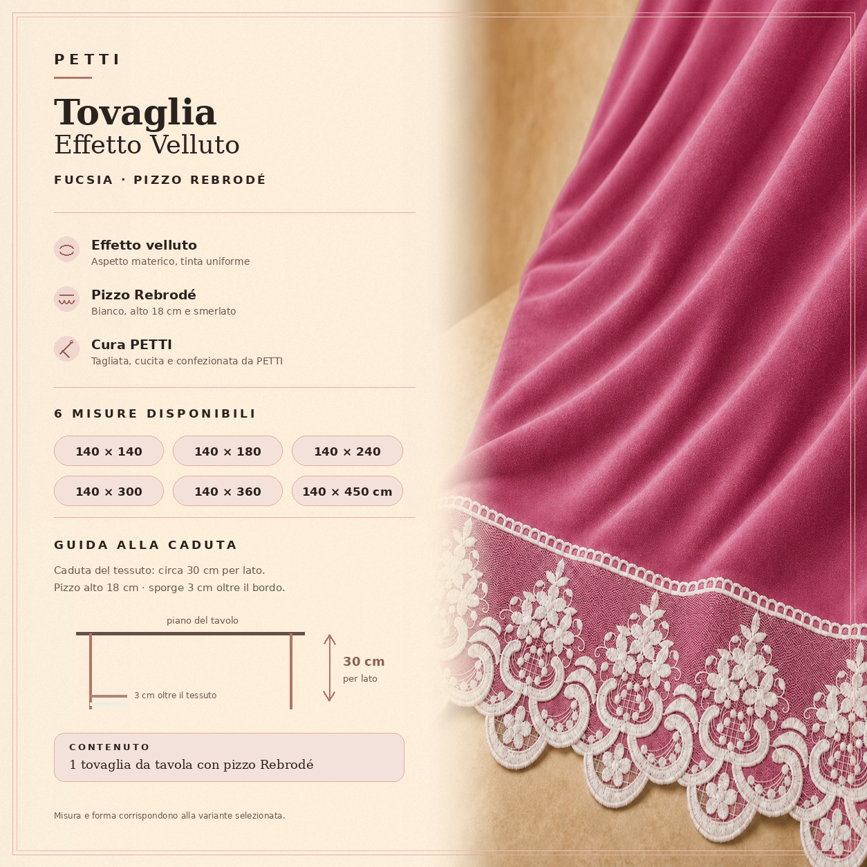 Scheda informativa tovaglia effetto velluto Fucsia con pizzo Rebrode