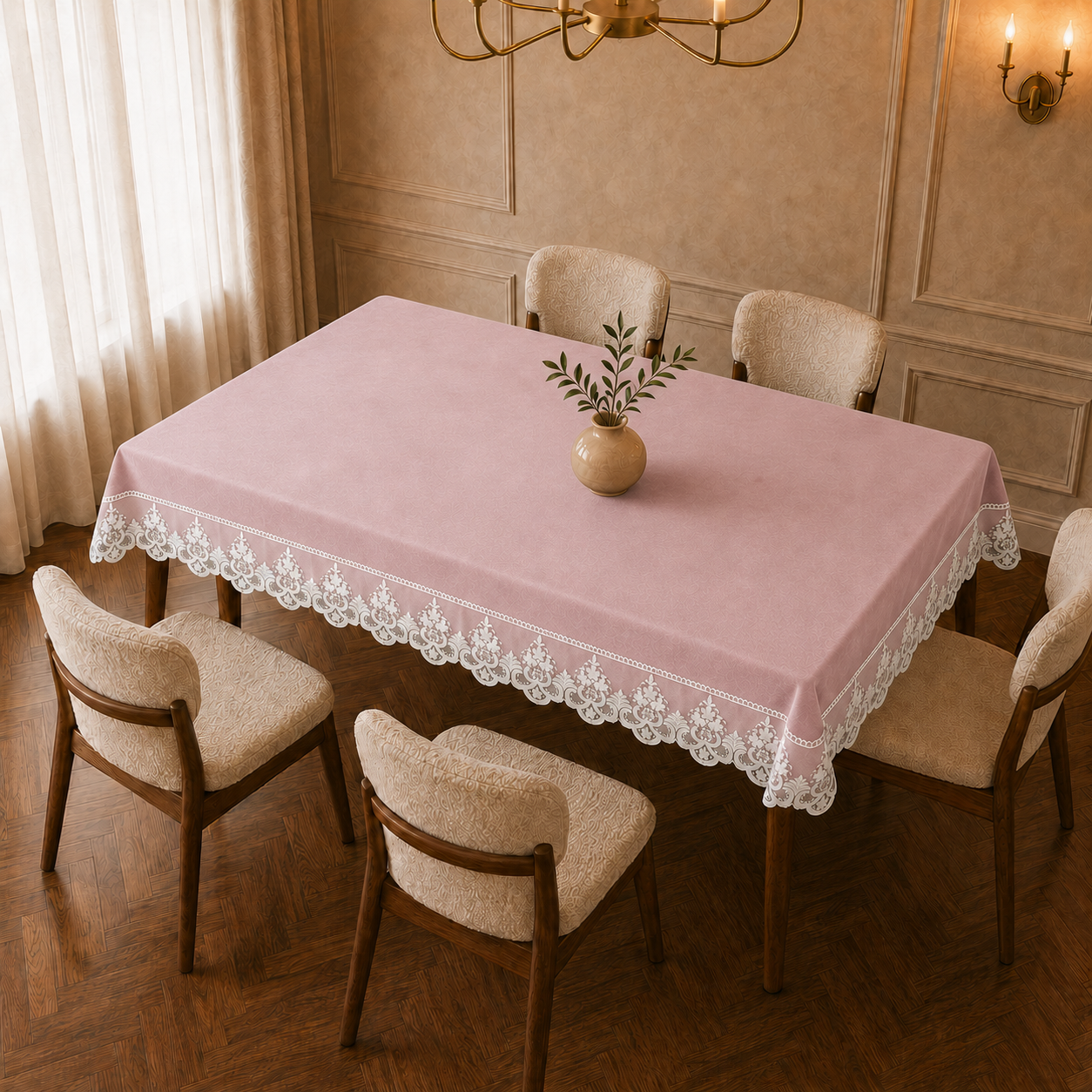 Tovaglia effetto velluto tinta unita Rosa con pizzo Rebrode bianco applicato lungo il bordo vista ambientata dall'alto