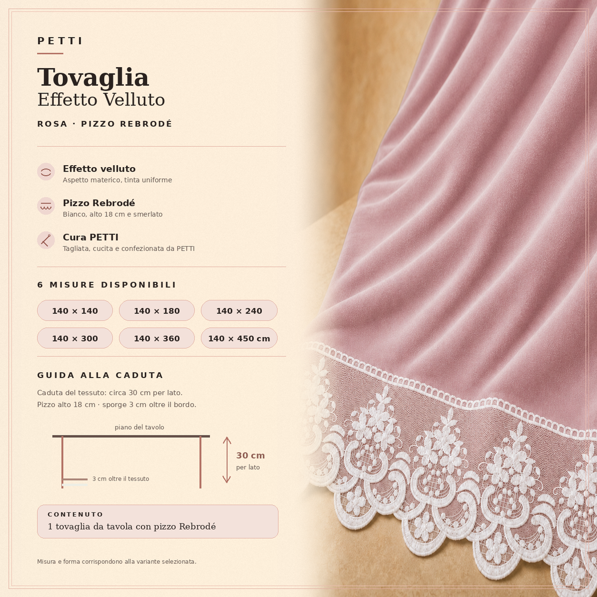 Scheda informativa tovaglia effetto velluto Rosa con pizzo Rebrode