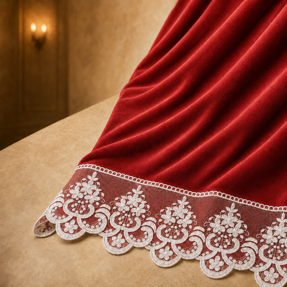 Dettaglio tessuto effetto velluto Rosso e pizzo Rebrode bianco