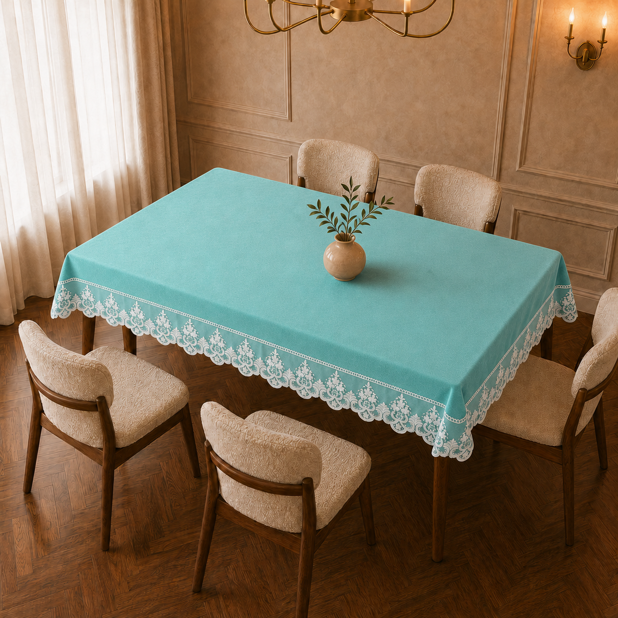 Tovaglia effetto velluto tinta unita Tiffany con pizzo Rebrode bianco applicato lungo il bordo vista ambientata dall'alto