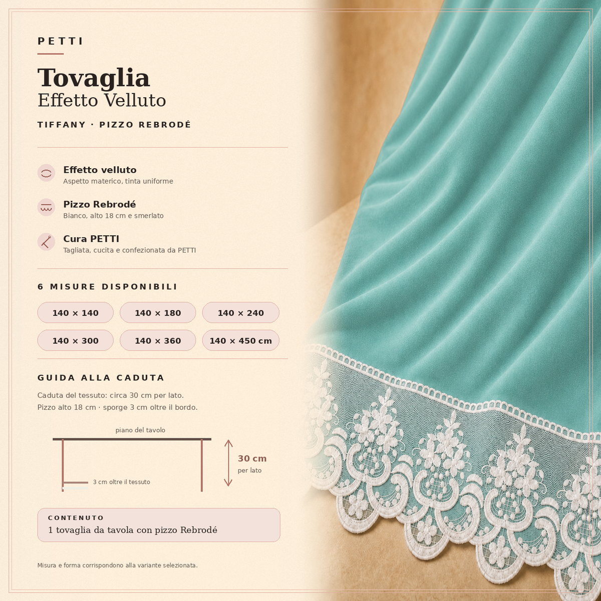Scheda informativa tovaglia effetto velluto Tiffany con pizzo Rebrode