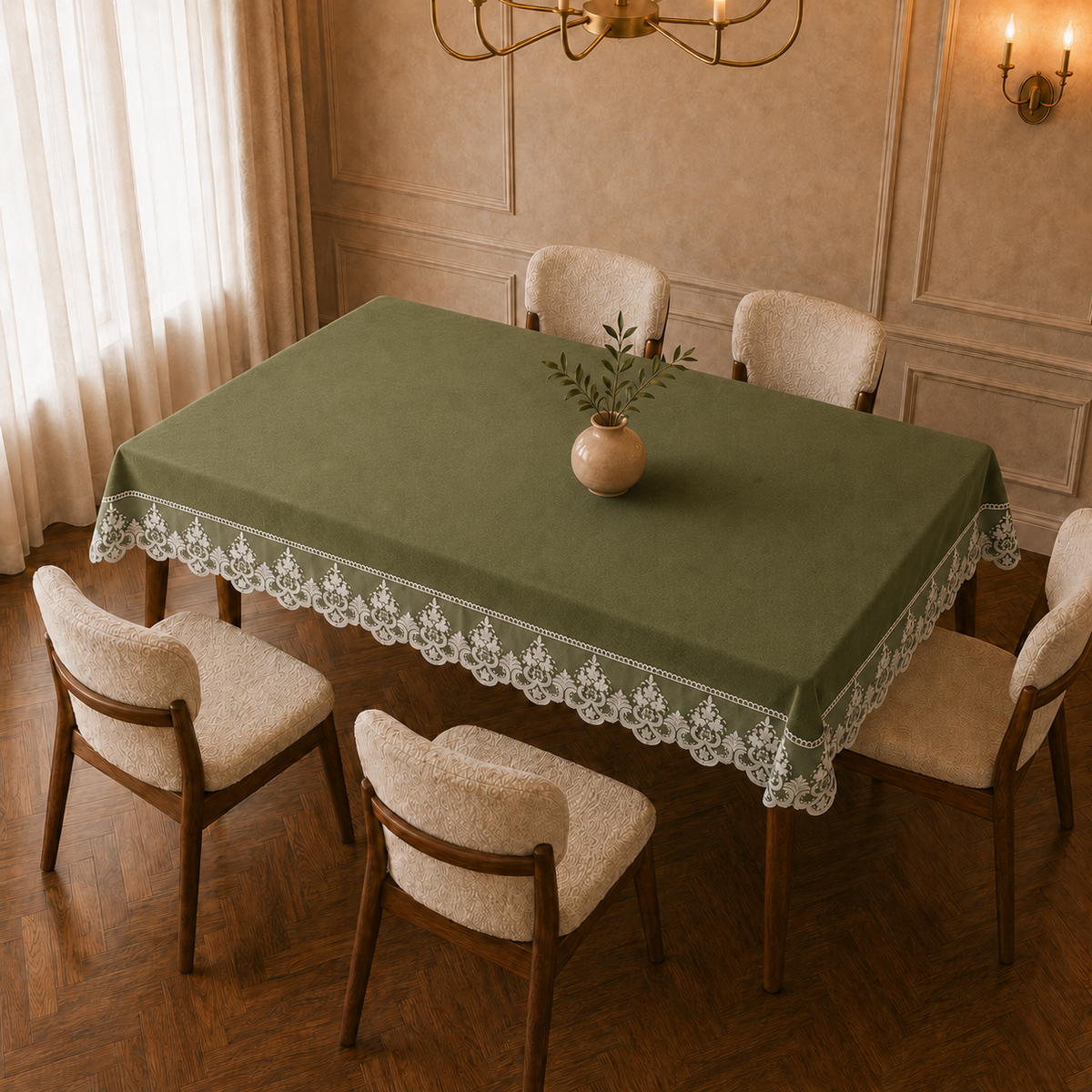 Tovaglia effetto velluto tinta unita Verde Oliva con pizzo Rebrode bianco applicato lungo il bordo vista ambientata dall'alto