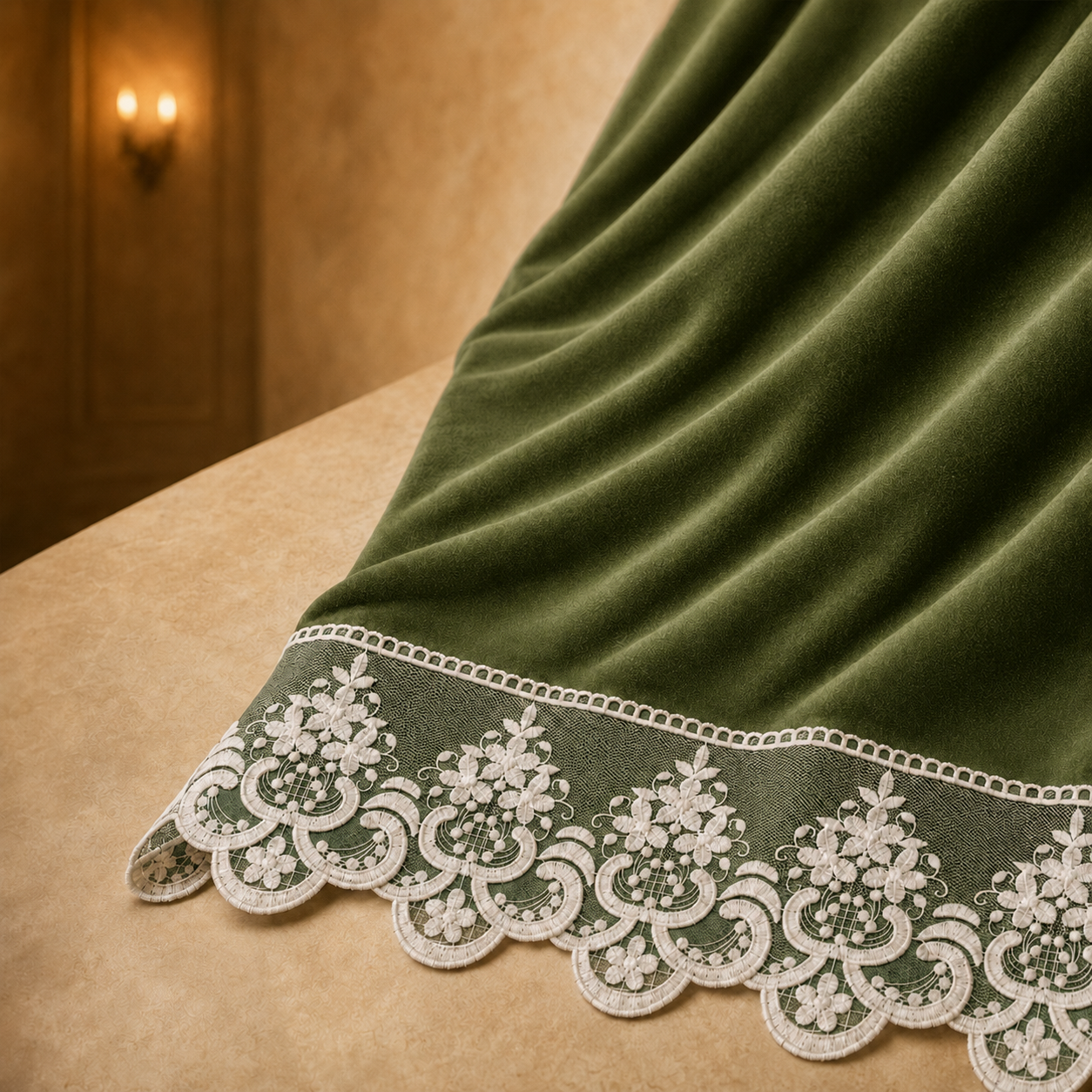Dettaglio tessuto effetto velluto Verde Oliva e pizzo Rebrode bianco
