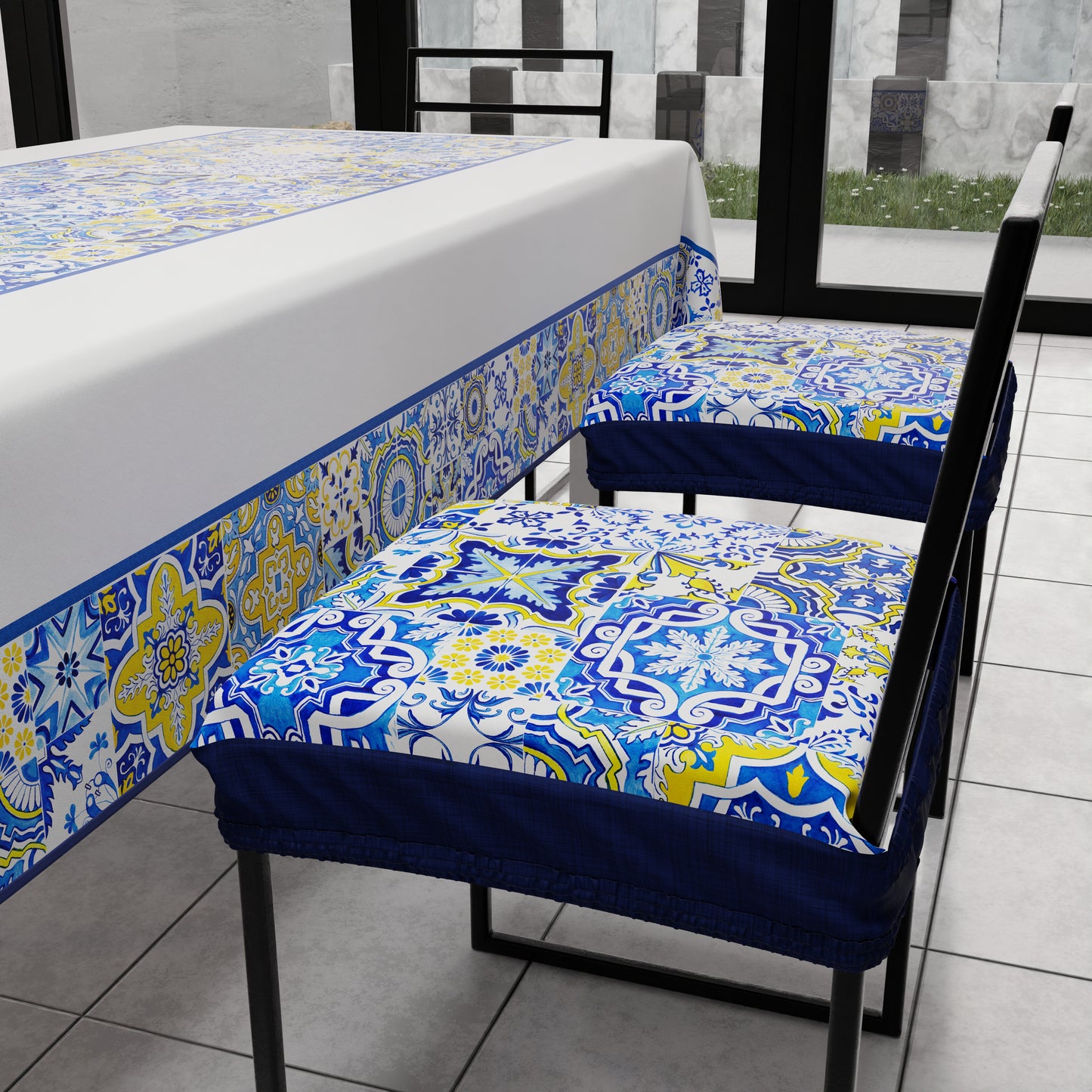 Coussins pour chaises avec élastique, housses de chaise en impression digitale Vietri 02 bleu