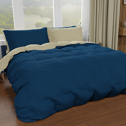 Housse de couette double, housse de couette et taies d'oreiller, bleu nuit/taupe