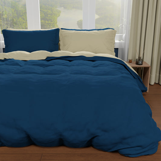 Housse de couette double, housse de couette et taies d'oreiller, bleu nuit/taupe