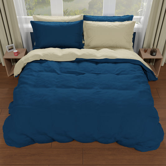 Housse de couette double, housse de couette et taies d'oreiller, bleu nuit/taupe