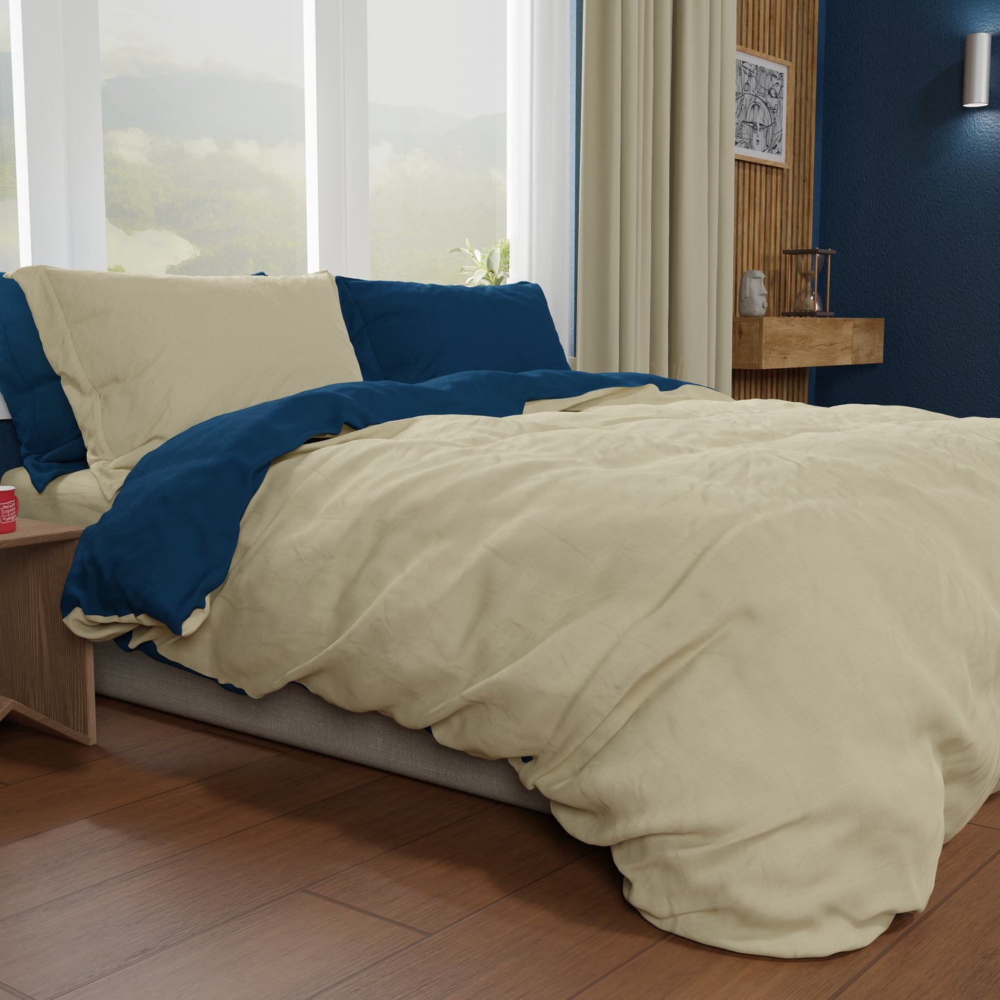 Housse de couette double, housse de couette et taies d'oreiller, bleu nuit/taupe