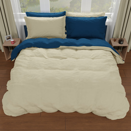 Housse de couette double, housse de couette et taies d'oreiller, bleu nuit/taupe