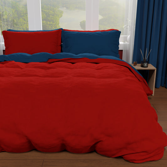 Housse de couette double, housse de couette et taies d'oreiller, bordeaux/bleu nuit