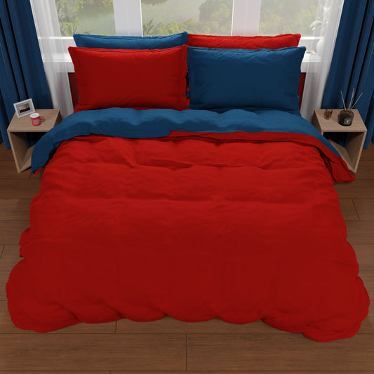 Housse de couette double, housse de couette et taies d'oreiller, bordeaux/bleu nuit