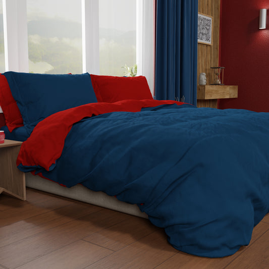Housse de couette double, housse de couette et taies d'oreiller, bordeaux/bleu nuit