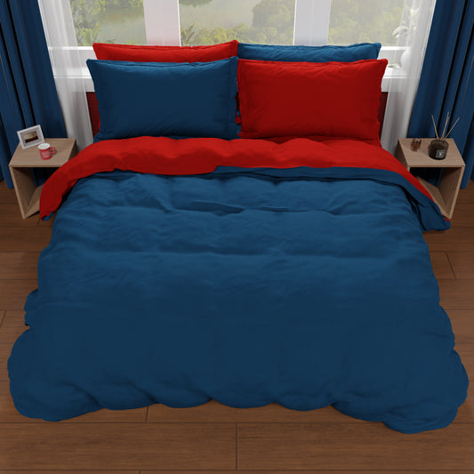 Housse de couette double, housse de couette et taies d'oreiller, bordeaux/bleu nuit