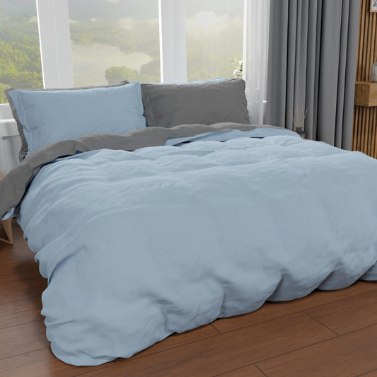 Housse de couette double, housse de couette et taies d'oreiller, ciel/gris foncé