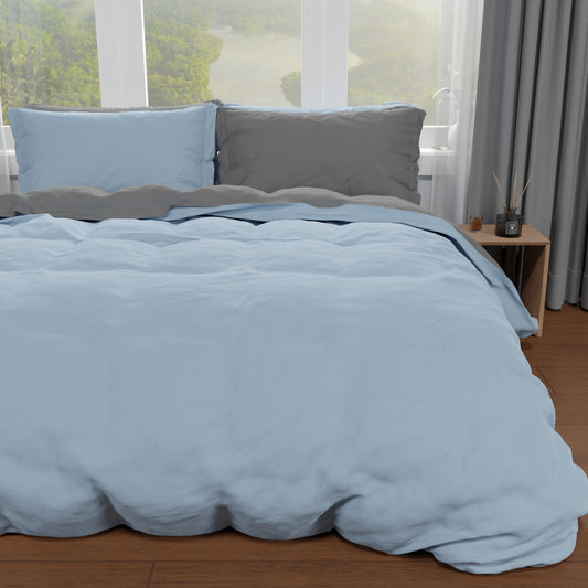 Housse de couette double, housse de couette et taies d'oreiller, ciel/gris foncé