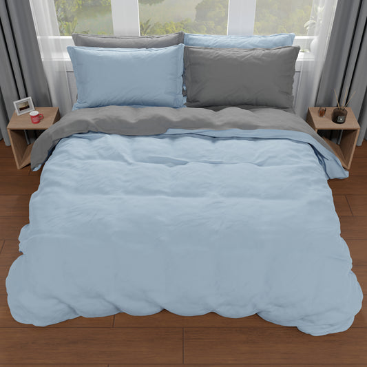 Housse de couette double, housse de couette et taies d'oreiller, ciel/gris foncé