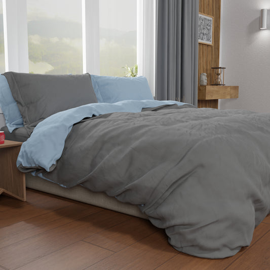 Housse de couette double, housse de couette et taies d'oreiller, ciel/gris foncé
