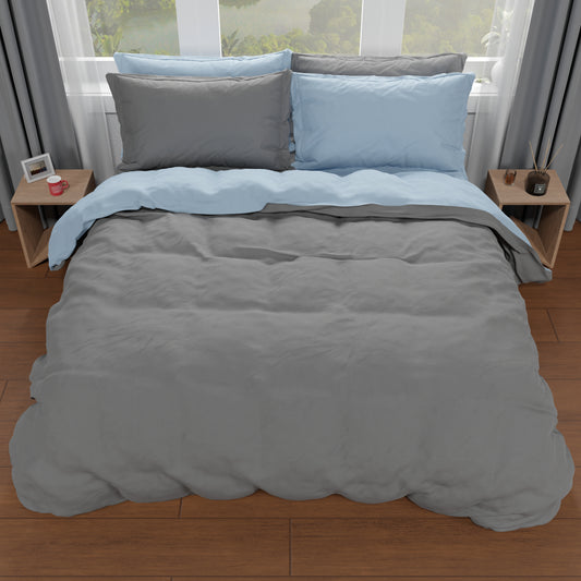 Housse de couette double, housse de couette et taies d'oreiller, ciel/gris foncé