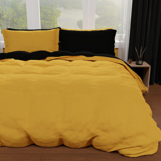 Housse de couette double, housse de couette et taies d'oreiller, jaune ocre/noir