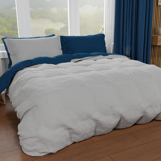 Housse de Couette Double, Housse de Couette et Taies d'Oreiller, Gris Clair/Bleu Nuit