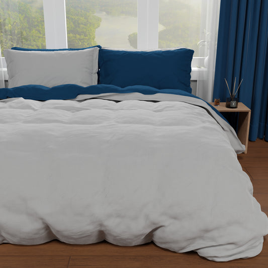 Housse de Couette Double, Housse de Couette et Taies d'Oreiller, Gris Clair/Bleu Nuit