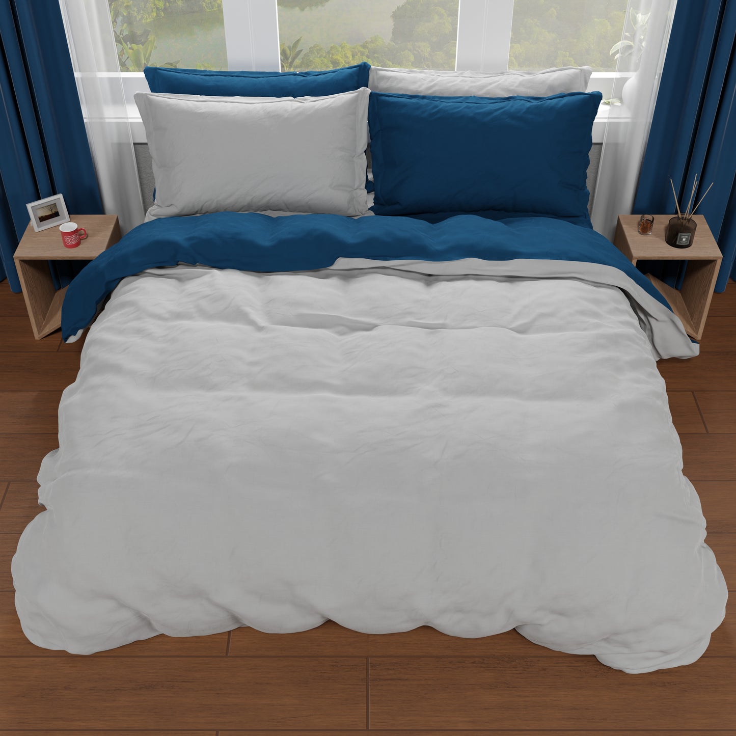 Housse de Couette Double, Housse de Couette et Taies d'Oreiller, Gris Clair/Bleu Nuit