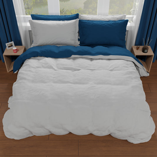 Housse de Couette Double, Housse de Couette et Taies d'Oreiller, Gris Clair/Bleu Nuit