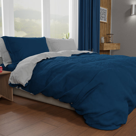 Housse de Couette Double, Housse de Couette et Taies d'Oreiller, Gris Clair/Bleu Nuit