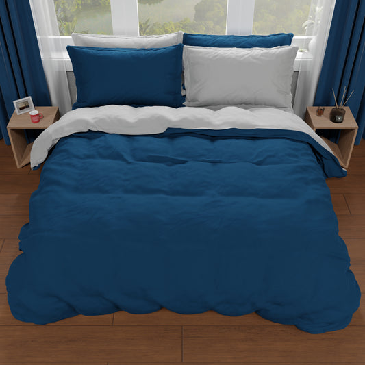 Housse de Couette Double, Housse de Couette et Taies d'Oreiller, Gris Clair/Bleu Nuit
