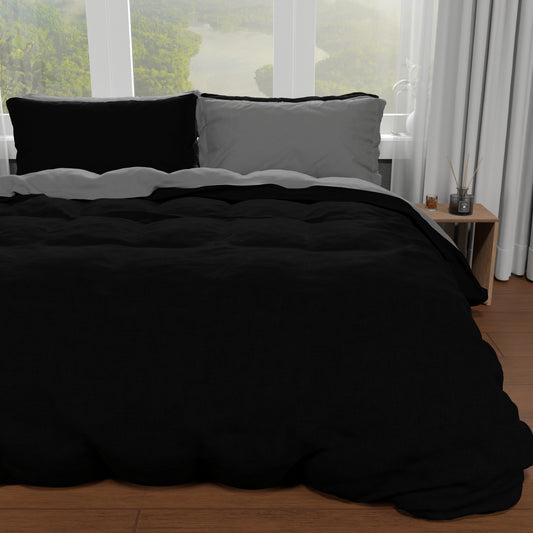 Housse de Couette Double, Housse de Couette et Taies d'Oreiller, Gris Foncé/Noir