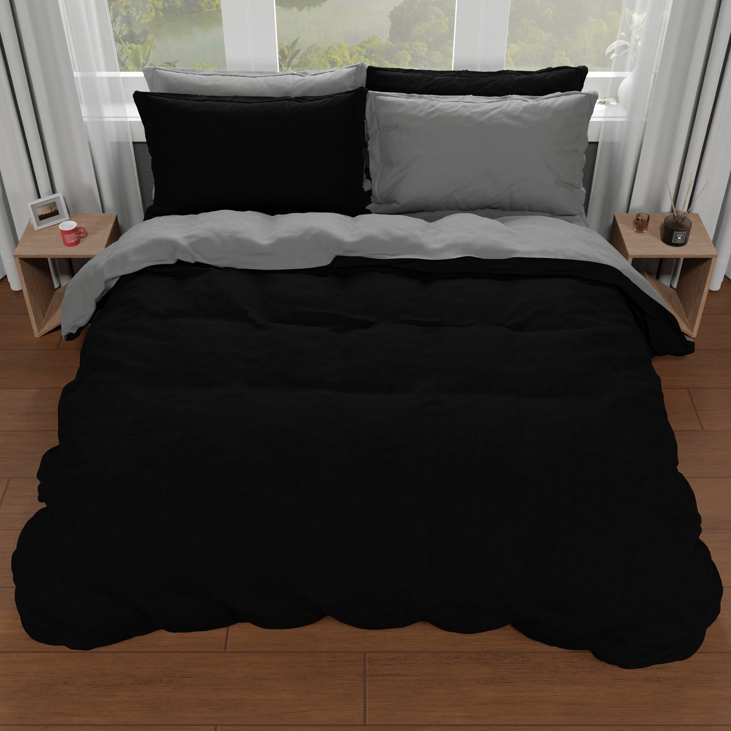 Housse de Couette Double, Housse de Couette et Taies d'Oreiller, Gris Foncé/Noir