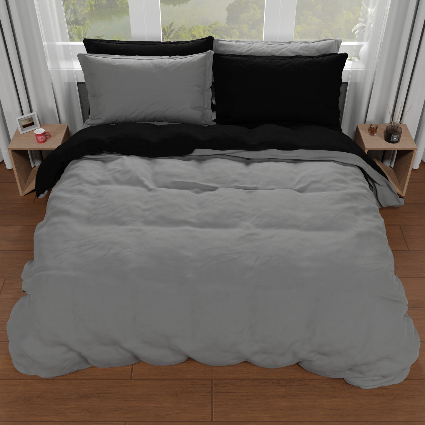 Housse de Couette Double, Housse de Couette et Taies d'Oreiller, Gris Foncé/Noir