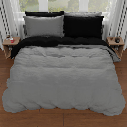 Housse de Couette Double, Housse de Couette et Taies d'Oreiller, Gris Foncé/Noir